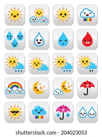Cute sun, rainbow, moon, rain and cloud - Kawaii, Manga buttons 