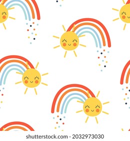 Cute sun and rainbow seamless pattern vector illustration for t-shirt design with slogan. Vector illustration design for fashion fabrics, textile graphics, prints.