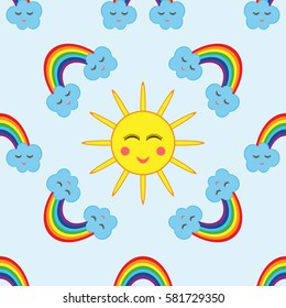 Cute sun, rainbows and clouds. Cartoon seamless pattern. Children's color template.