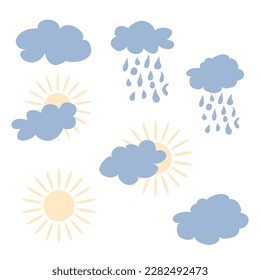 Cute Sun and Rainy Cloud, light clouds. Card for kids or poster for the childrens room. Cartoon.