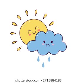 Ilustración linda del Clima del sol y de la nube lluviosa en estilo dibujado a mano kawaii