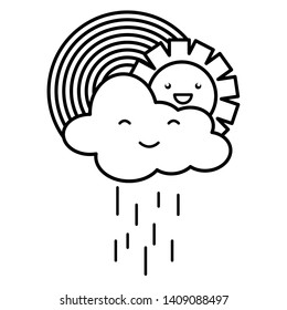 cute sun and rainy clouds with rainbow kawaii characters