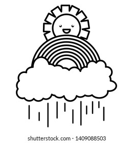 cute sun and rainy clouds with rainbow kawaii characters