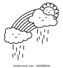cute sun and rainy clouds with rainbow kawaii characters
