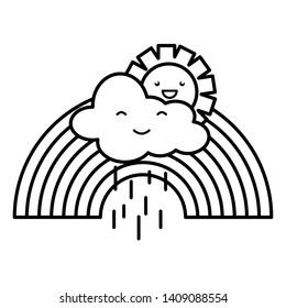 cute sun and rainy clouds with rainbow kawaii characters