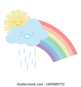 cute sun and rainy clouds with rainbow kawaii characters