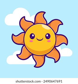 Cute Sun Rise With Cloud Cartoon Vector Icon Illustration. Nature Object Icon Concept Isolated Premium Vector. Flat Cartoon Style