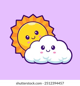 Linda salida del sol con ilustración de Vector de dibujos animados de nube. Concepto de icono de objeto de Naturaleza Vector de Premium aislado. Estilo plano de la historieta
