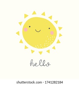 Cute sun saying hello. Vector funny childish illustration. Whimsical nursery art. Summer smiling character.