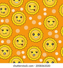 Cute Sun Seamless Pattern, Cartoon Vector Illustration, Isolated Background