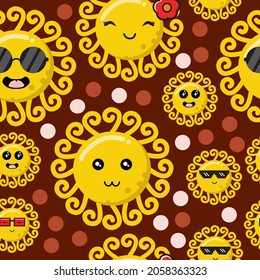 Cute Sun Seamless Pattern, Cartoon Vector Illustration, Isolated Background