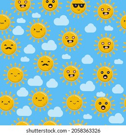 Patrón sin soldadura de sol suave, Ilustración de vectores de dibujos animados, fondo aislado