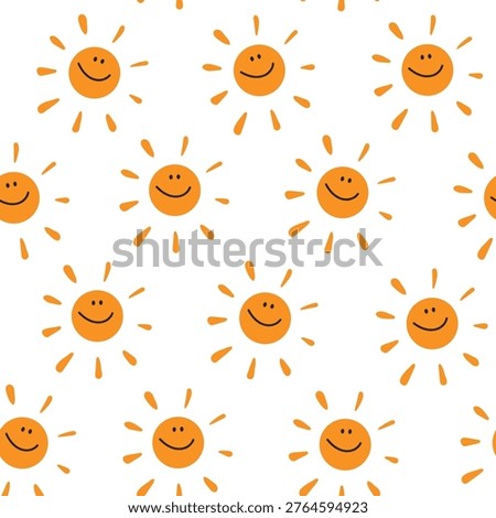 Cute sun seamless pattern with happy faces in flat hand-drawn style. Vector background with orange smiling suns for kids nursery decor, baby shower wallpaper, summer fabric design and positive greeting cards. Isolated on white.