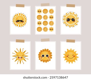 Cute sun set collection, Happy sun vector, Summer sunshine set. Cards, invitation, posters, stickers