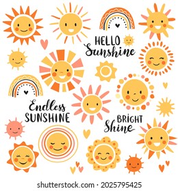 Cute sun set, funny characters with calligraphy quotes, hand drawn vector illustration