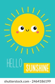 Cute sun shining. Cartoon kawaii funny baby character. Smiling face with big eyes. Hello sunshine summer greeting card. Childish style. Flat design. Isolated. Blue background. Vector illustration