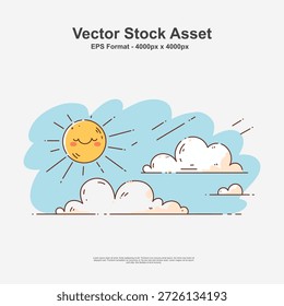 Cute sun shining over a green landscape with clouds in a playful hand drawn art style. This illustration features clean vector design in EPS format, suitable for children themes, nature artwork, and creative illustration use.