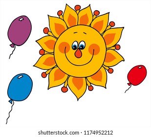 Cute sun in the sky with balloons. Colored vector for card or gift. 