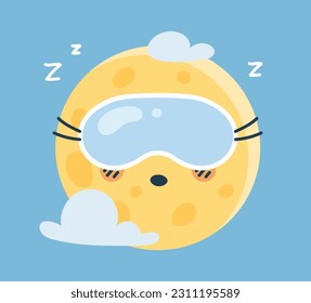 Cute sun sleeps concept. Charming character in sky in sleeping mask. Rest and relax. Symbol of night. Happiness and tranquility. Template and mock up. Cartoon flat vector illustration