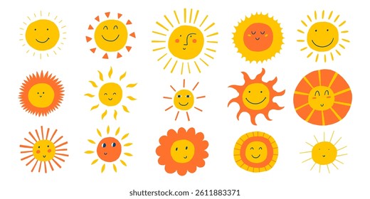 Cute sun smile face vector set. Happy sunshine character icon. Sunny cartoon illustration