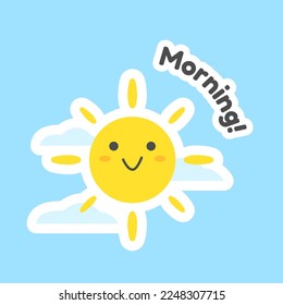 Cute sun smile with happy face, good morning sticker flat design isolated stock vector eps10