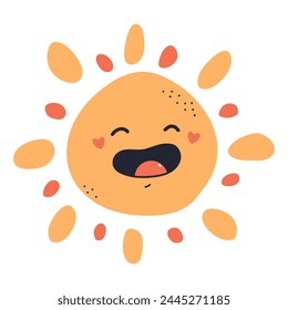 Cute sun with smile vector cartoon character isolated on a white background.