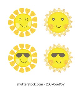 Frische Sonne mit lächelndem Gesicht und kühle Sonnenbrille. Sonnencreme, die aus der Sonne kommt, Vektordesign. Sonnenaufkleber mit runder Form und gelber Farbe. Sun-Vektorgrafik-Aufkleberkollektion für soziale Medien.