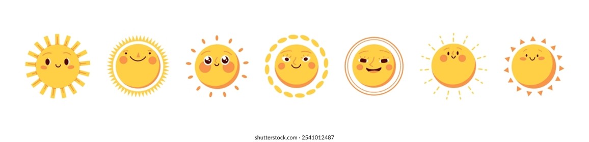 Lindo sol con cara sonriente y rayos de sol. Etiqueta engomada del verano y icono soleado del Clima. Personaje de dibujos animados feliz con gráfico doodle. Ilustración vectorial plana aislada