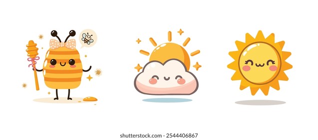 Cute sun smiling, Cute jar of honey, Cute pink clouds and sun smiling