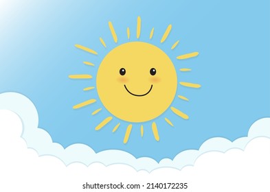 Cute sun smiling on blue sky background. Sun cartoon character. Vector illustration.