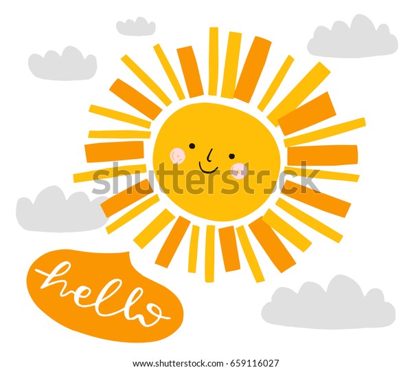 かわいい太陽と吹き出しでやや灰色の雲 ベクター画像のおかしなイラスト 奇抜なコドモ部 夏の笑顔 のベクター画像素材 ロイヤリティフリー