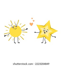 Cute sun and star character with love emotions, happy face, smile, arms and legs. Person with happy expression and pose. Vector flat illustration