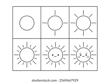 Cute sun. Step by step drawing. Coloring page, coloring book page. Black and white vector illustration.