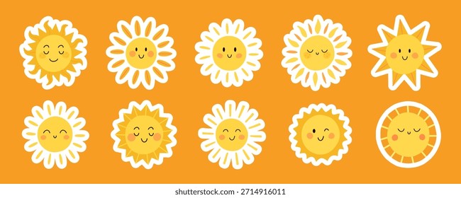 Colección linda de la etiqueta engomada del sol con las caras sonrientes y los diversos iconos juguetones del sol en fondo anaranjado