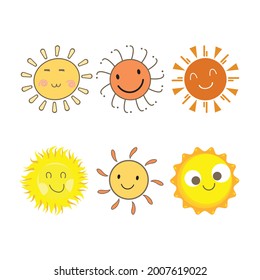 Cute sun sticker with a round shape and yellow color. Cute sun with smiling face. Sunray coming out from sun vector design. 6 Sun vector social media sticker collection.