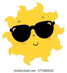 Afiche de estilo con el sol con gafas de sol negras. Tarjetas de felicitación, diseño de camisetas impresas, decoración casera, linda ilustración de verano. Vector 