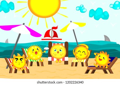 Cute sun sunbathing at Beautiful beach,relaxing time,summer concept,vector