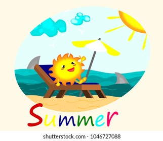 Cute sun sunbathing at Beautiful beach,summer concept,vector
