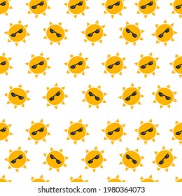Cute sun with sunglasses seamless pattern on white background for summer fashion print , gift wrapping paper, wallpaper etc.