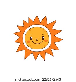Cute sun vector character. Childish sun illustration. Kawaii chibi sun face, portrait, head for kids, print, summer