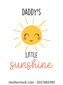 Cute Sonne, Vektorgrafik. Daddys kleine Sunshine Typografie-Karte für Ihr Design. Helle und schöne Cartoon-Illustration mit Briefen und Sonne.