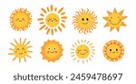 Cute Sun vector illustration set. Sun with different rays and emotions. Children