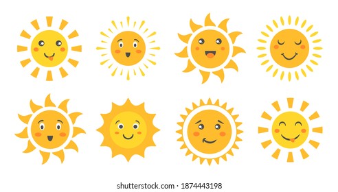 Cute sun vector illustration set. Cartoon sun emoticon characters collection, sunny faces with happy emotions and fun positive smile, funny summer sunshine baby emoji smiling isolated on white