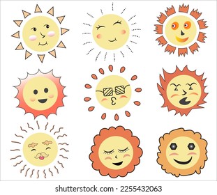Cute sun vector illustration set. Cartoon sun emoticon characters collection