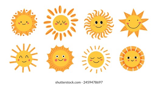 Juego de Ilustración vectorial de sol lindo. Sol con diferentes rayos y emociones. Ilustración plana de los niños. Sunshine Clip art graphics Dibujado a mano Ilustraciones digitales. Fondo blanco aislado. 