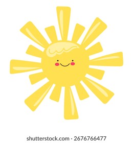 Cute Sun Vector Illustration. Smiling Cartoon Sun with Rays. Kawaii Sun Illustration. Cute Smiling Sun for Kids Design.
