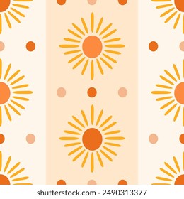 Cute sun vector seamless pattern. Modern simple muted orange sun shapes and dots on cream background with vertical stripes. Groovy celestial surface design for kids, wallpaper. Cute retro repeat tile