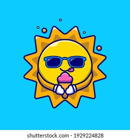 Cute Sun Wearing Glasses Eating Ice Cream Cartoon Vector Icon Illustration. Nature Food Icon Concept Isolated Premium Vector. Flat Cartoon Style