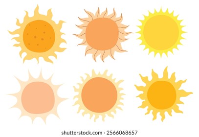 Cute Sun yellow vector character set with cartoon flat style.