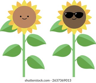 Cute sunflower 2 wheels (smile and sunglasses) Character with face Vector illustration